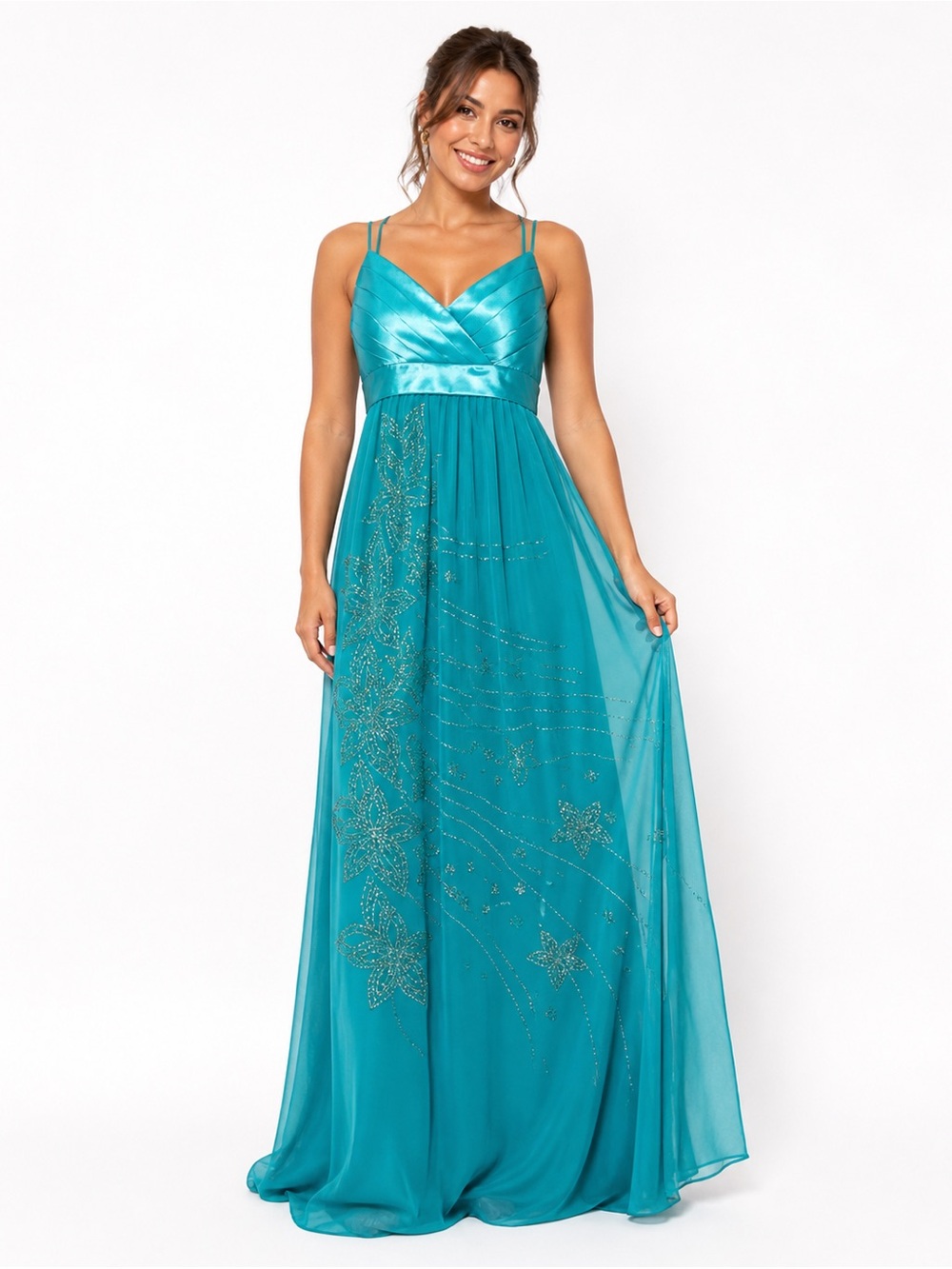City Triangles Teal Beaded Chiffon Maxi Dress Formal y2k Fairycore Size M